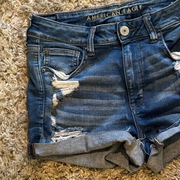 American Eagle Outfitters Dark Indigo Distressed Rolled Cuff Jean Shorts - Picture 4 of 6